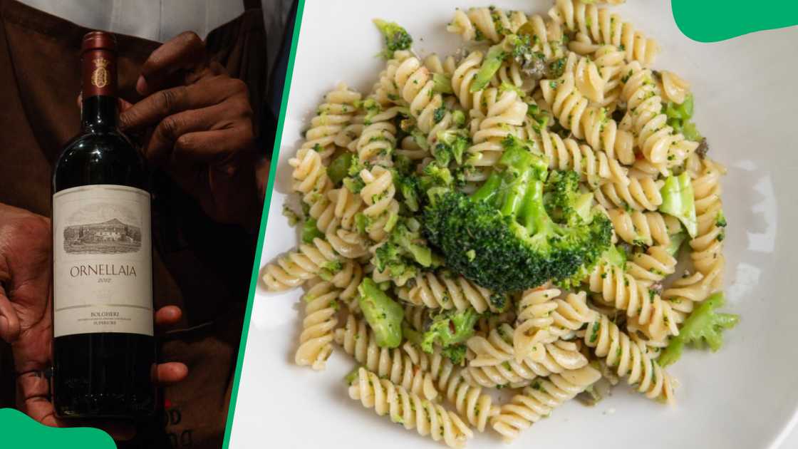 Ornellaia Bolgheri Superiore (L). Fusilli ai Broccoletti (R)