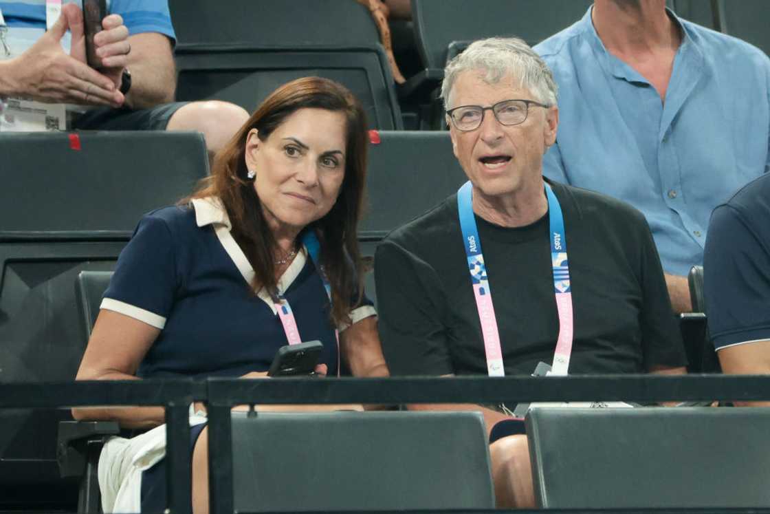 Bill Gates and Paula Hurd at the Paris Arena on 30 July 2024 in Paris, France. Bill Gates and Paula Hurd at the Paris Arena on 30 July 2024 in Paris, France.