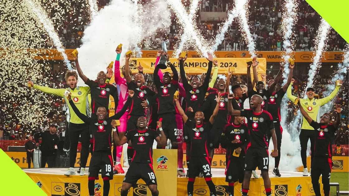 Orlando Pirates lift the MTN8 trophy after defeating Stellenbosch FC in the final at the Moses Mabhida Stadium on Saturday, October 5, 2024. Photo: @orlandopirates.