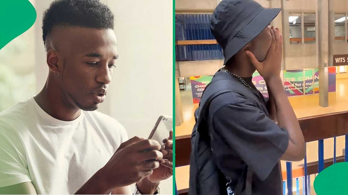 A stock photo of man looking at a phone and a picture of student at Wits A stock photo of man looking at a phone and a picture of student at Wits