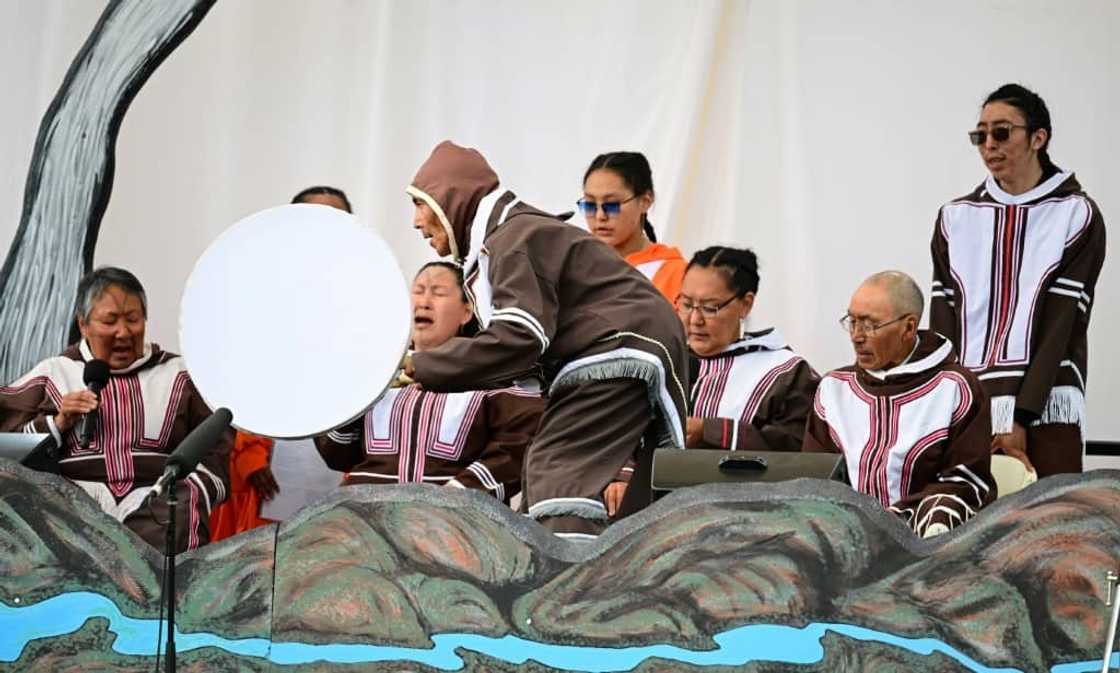 Indigenous residents sing as they await the arrival of Pope Francis in Iqaluit, Nunavut, Canada, on July 29, 2022 Indigenous residents sing as they await the arrival of Pope Francis in Iqaluit, Nunavut, Canada, on July 29, 2022