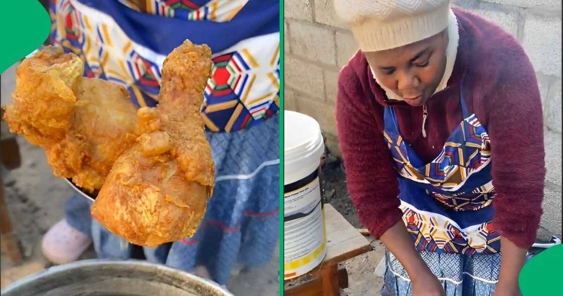 A woman showcased her amazing fried chicken cooked in a large pot over a fire A woman showcased her amazing fried chicken cooked in a large pot over a fire