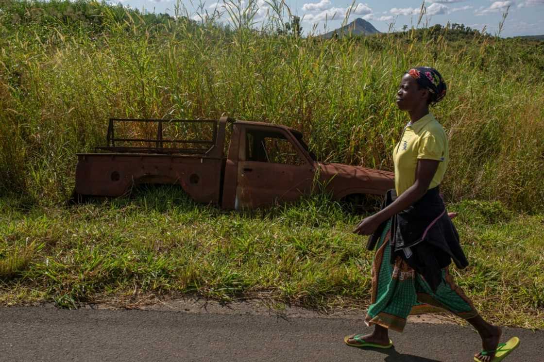 Burned-out carcasses of pickups, already overgrown with tall grass, still dot the landscape in Mozambique