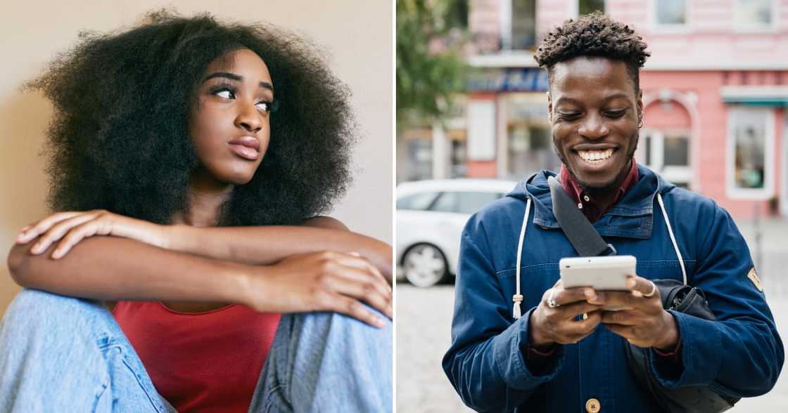 A woman staring at a happy man on the phone A woman staring at a happy man on the phone