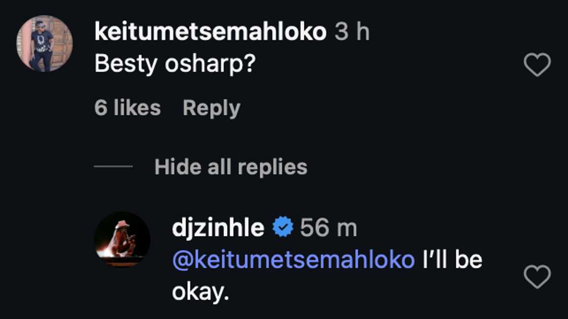 A concerned fan asked about DJ Zinhle's well-being