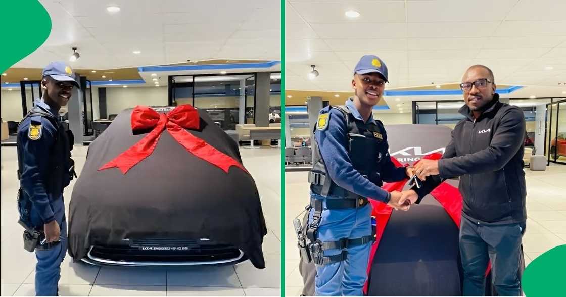 A SAPS policeman showed off his new car. A SAPS policeman showed off his new car.