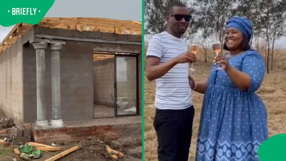 The couple celebrates the construction of their home with champagne