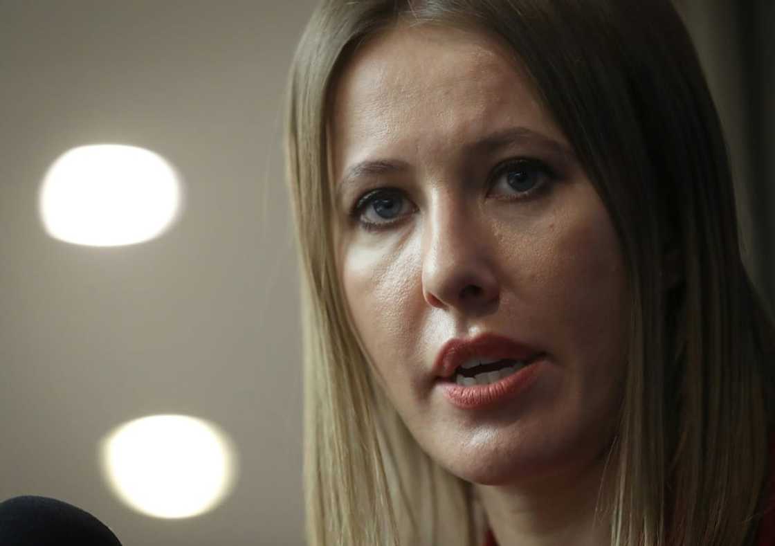 Russian media personality and former presidential candidate Ksenia Sobchak speaks to reporters in Washington, DC in February 2018