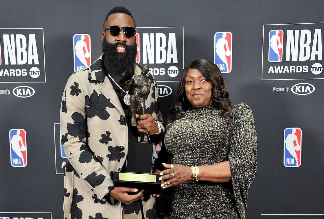James Harden with his mom, Monja Willis, during the 2018 NBA Awards at Barker Hangar on 25 June 2018 in Santa Monica, California. James Harden with his mom, Monja Willis, during the 2018 NBA Awards at Barker Hangar on 25 June 2018 in Santa Monica, California.