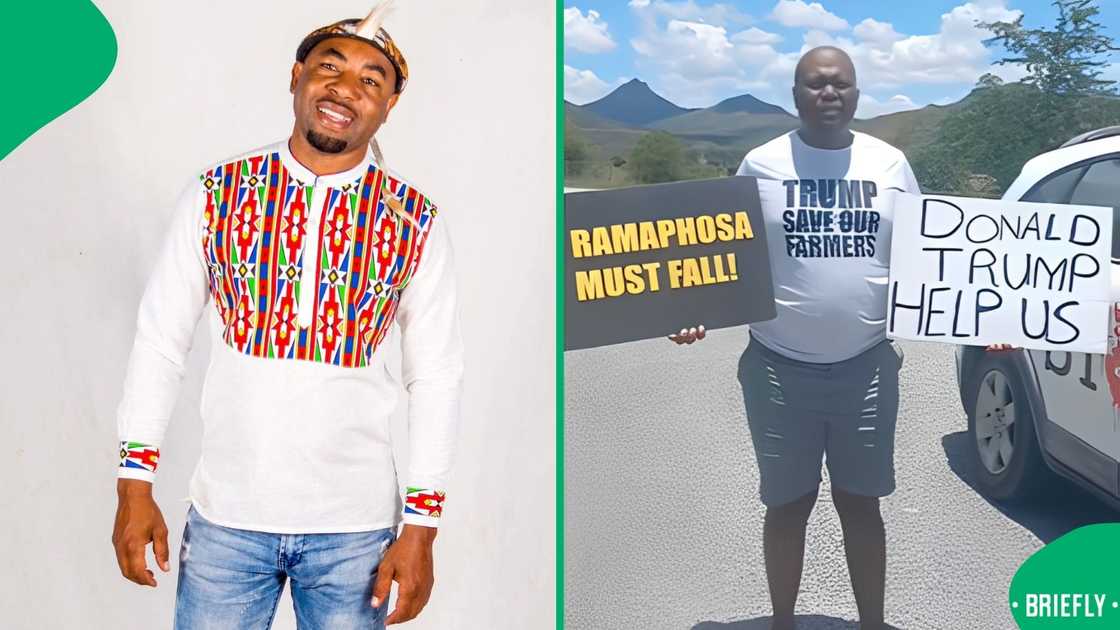 The protester held two placards calling for the fall of President Ramaphosa and asking for help from the United States