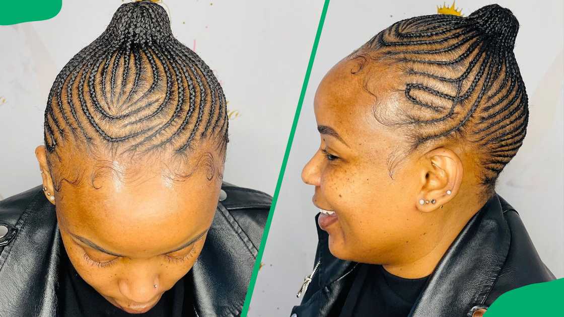 A lady showing off shiny, smooth cornrows A lady showing off shiny, smooth cornrows