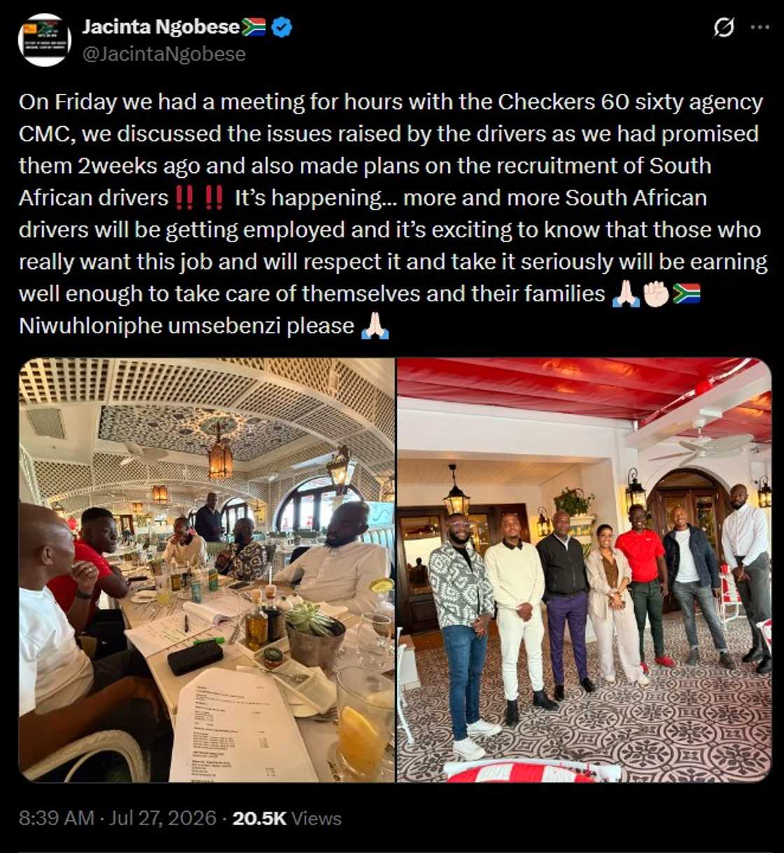 Jacinta Ngobese-Zuma provided an update about a meeting she had with Checkers Sixty60's agency.