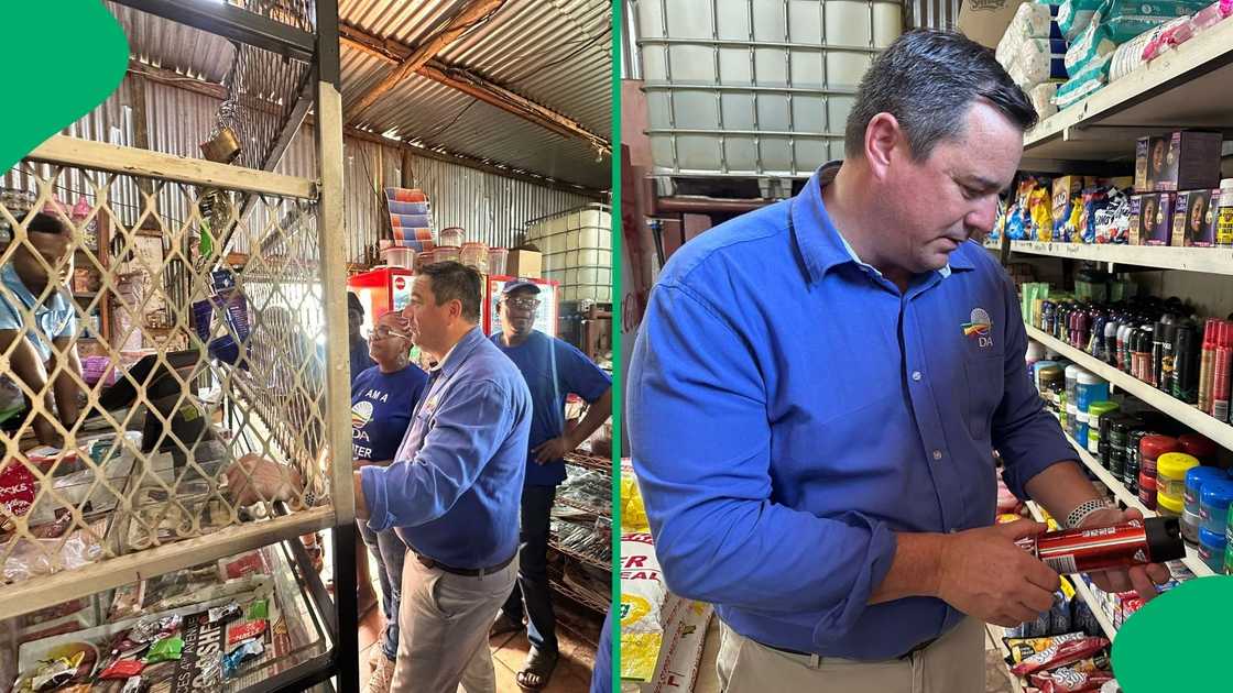 The Democratic Alliance president John Steenhuisen inspected a spaza shop in Thabazimbi, Limpopo The Democratic Alliance president John Steenhuisen inspected a spaza shop in Thabazimbi, Limpopo