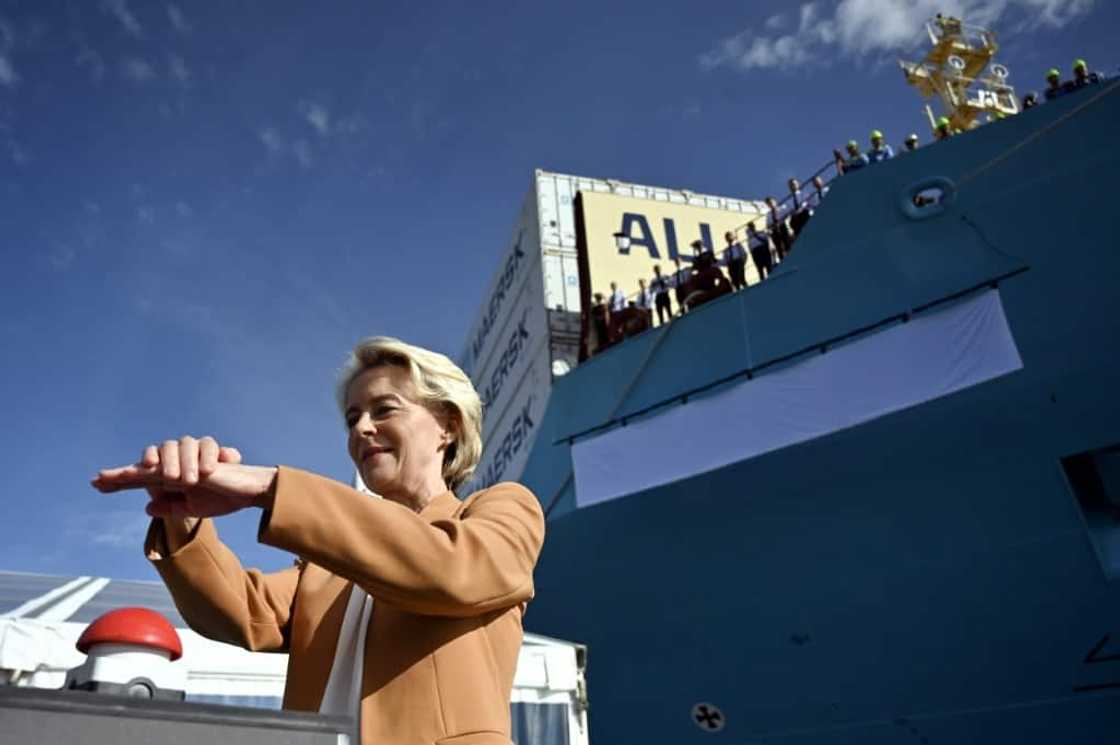 EU Commission President Ursula von der Leyen presses a button during the namegiving ceremony