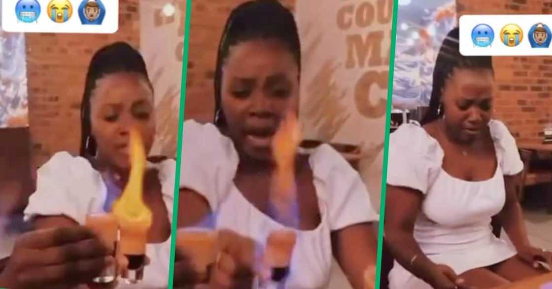 Woman spills flaming liquor Woman spills flaming liquor