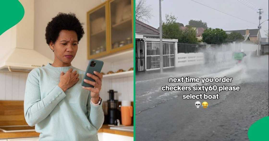 A Checkers Sixty60 driver was captured navigating flooded roads in Cape Town A Checkers Sixty60 driver was captured navigating flooded roads in Cape Town