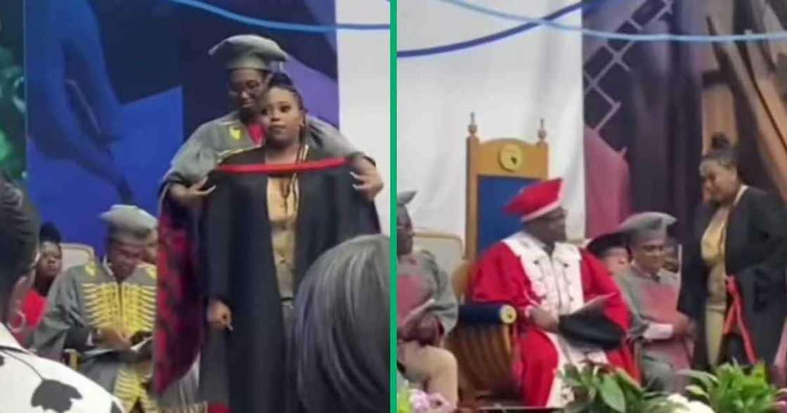 A TikTok video shows a woman who fell on stage during her graduation return back on stage. A TikTok video shows a woman who fell on stage during her graduation return back on stage.