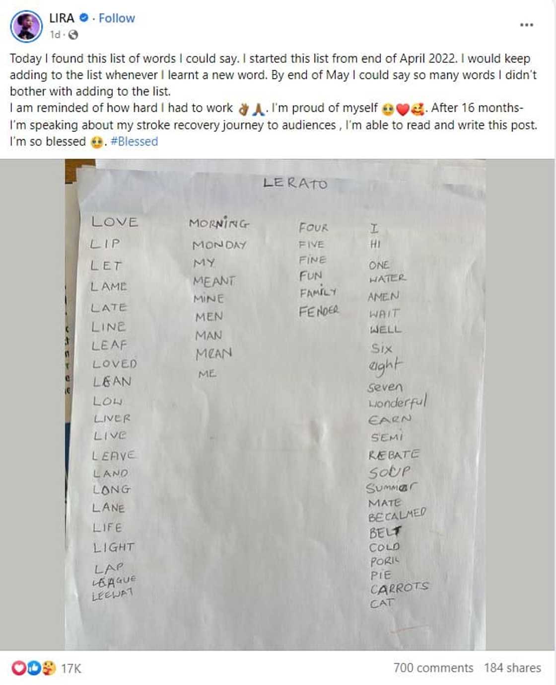 Award-winning singer Lira has charted her post stroke progress since April 2022. Award-winning singer Lira has charted her post stroke progress since April 2022.