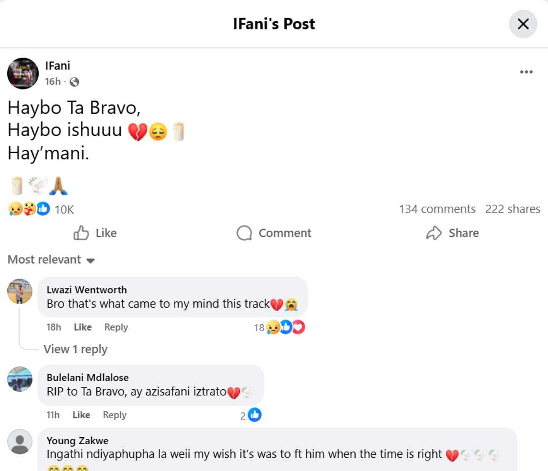 iFani has reacted to Bravo's death.