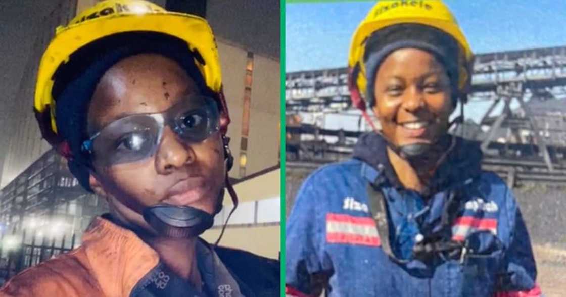 Woman flexes working at the mines Woman flexes working at the mines