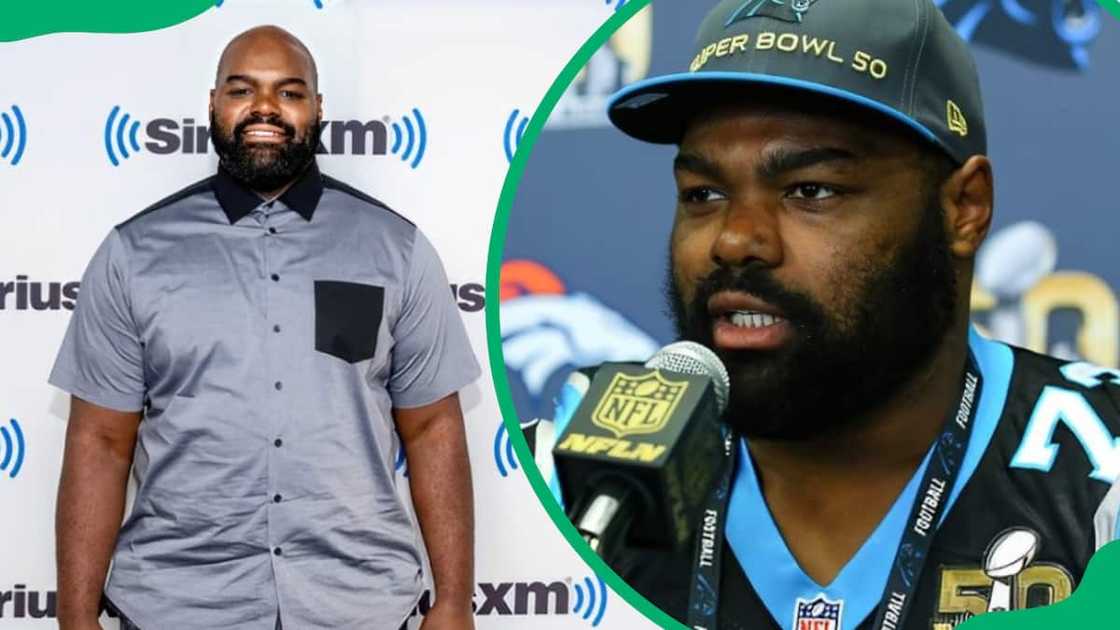 Michael Oher at SiriusXM Studios on 9 August 2023 in New York City (L), Michael at the San Jose Marriott in San Jose, California (R).