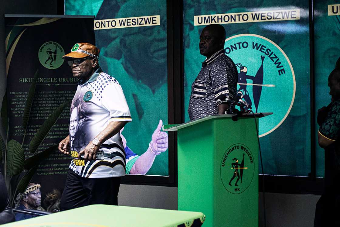 Former South African President Jacob Zuma attends a media briefing with uMkhonto weSizwe (MK) party leadership on November 28, 2025 in Durban, South Africa