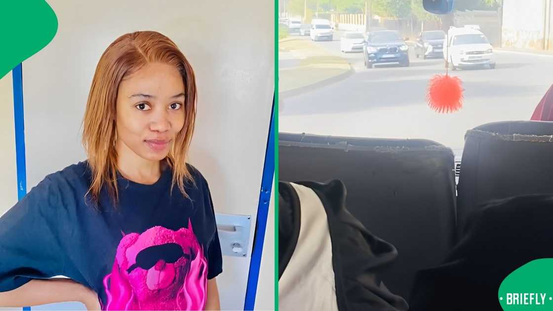 A woman showed a taxi driving in reverse. A woman showed a taxi driving in reverse.