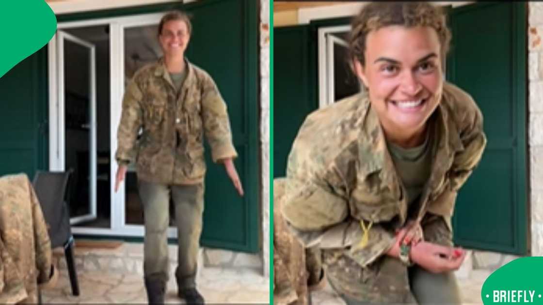 On the right showed Rachel smiling and showing off her military style On the right showed Rachel smiling and showing off her military style