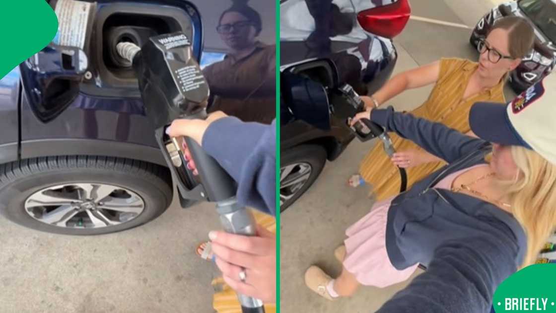 A screenshot showing the woman’s reaction to US petrol pump procedures