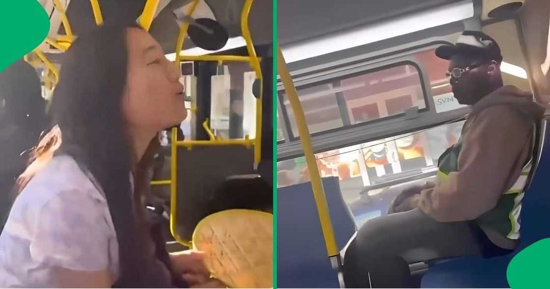 A woman howls at a man listening to music loudly on a bus. A woman howls at a man listening to music loudly on a bus.