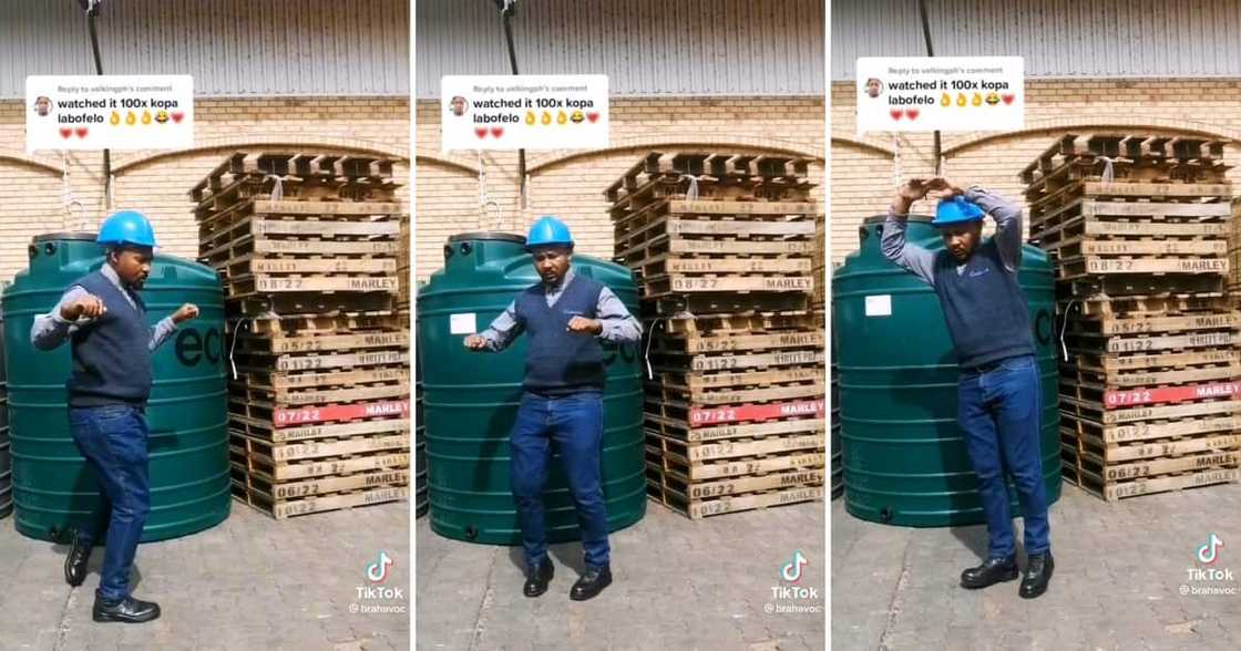 A Cashbuild worker attempted Murdah Bongz and Oscar Mbo's dance moves A Cashbuild worker attempted Murdah Bongz and Oscar Mbo's dance moves