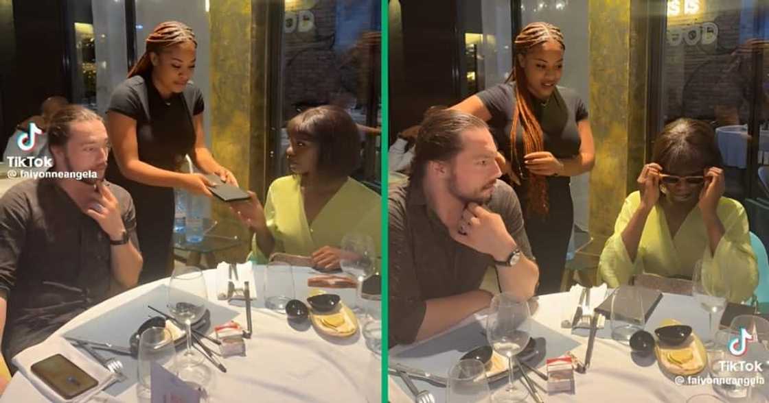 A waitress presented the bill to a woman during her date A waitress presented the bill to a woman during her date
