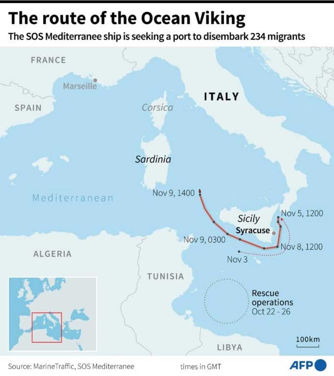 Map of the zone where the NGO vessel, the Ocean Viking, rescued migrants from October 22 to October 26 and its journey since November 3 as it seeks a port to disembark the migrants Map of the zone where the NGO vessel, the Ocean Viking, rescued migrants from October 22 to October 26 and its journey since November 3 as it seeks a port to disembark the migrants