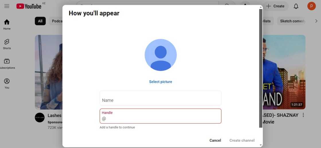 Creating account on YouTube Creating account on YouTube