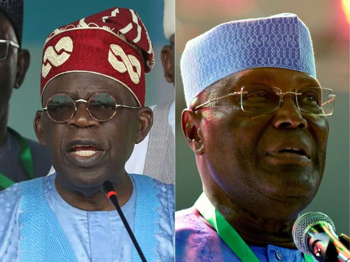 This combination of file pictures shows
Nigeria's ruling party (All Progressive Congress) presidential flagbearer, Bola Tinubu (L) and Nigerian former Vice President Atiku Abubakar (R) of the Peoples Democratic Party (PDP). This combination of file pictures shows
Nigeria's ruling party (All Progressive Congress) presidential flagbearer, Bola Tinubu (L) and Nigerian former Vice President Atiku Abubakar (R) of the Peoples Democratic Party (PDP).