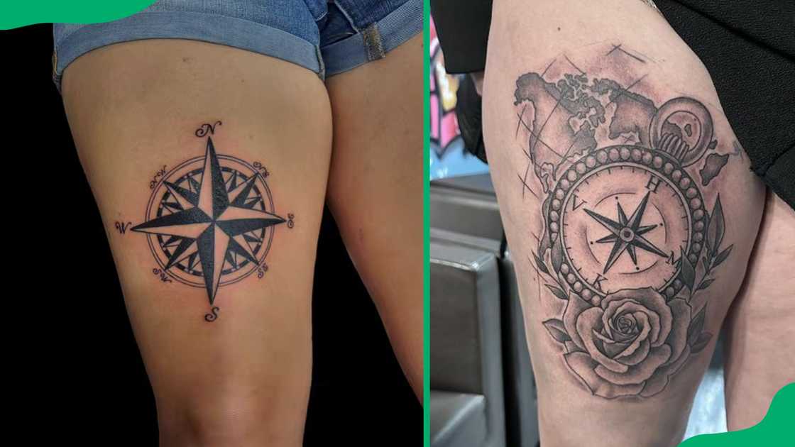 Compass thigh tattoos.