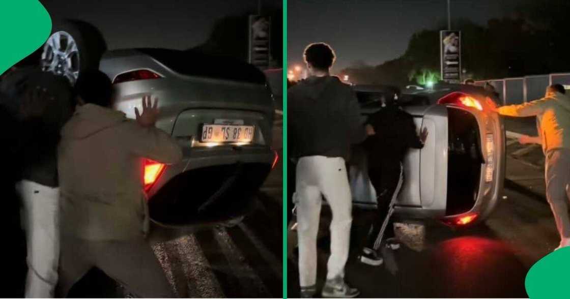 A TikTok video shows a group of men tipping a car back. A TikTok video shows a group of men tipping a car back.