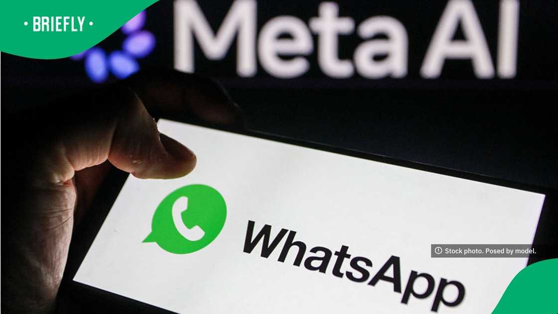 Close-up image of a smartphone displaying the WhatsApp logo in front of a Meta AI logo Close-up image of a smartphone displaying the WhatsApp logo in front of a Meta AI logo