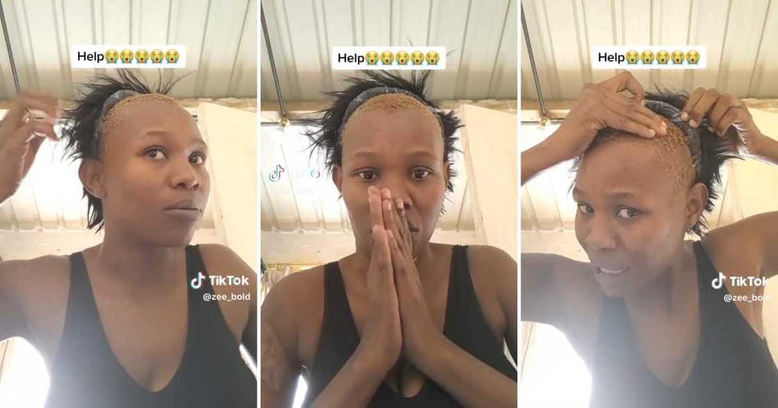 A woman painfully removed a wig glued on her head A woman painfully removed a wig glued on her head