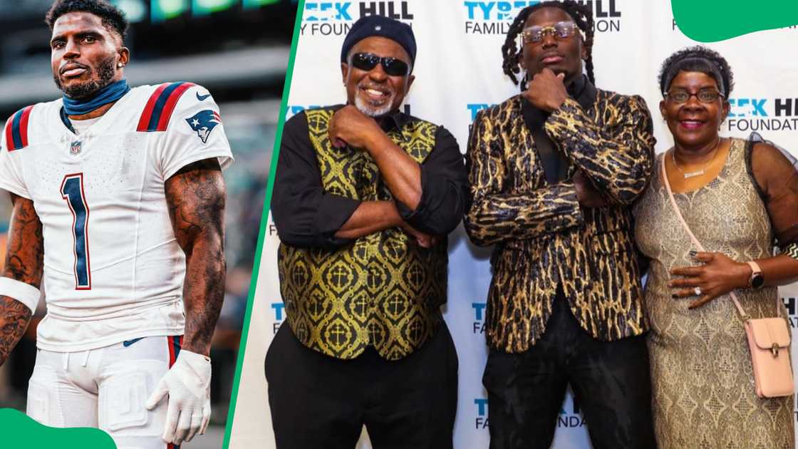 Tyreek during a 2024 NFL game against the Buffalo Bills and with his parents