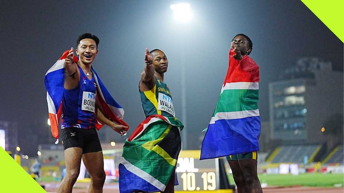 South African sprinters Bradley Nkoana and Bayanda Walaza dominate the men's 100m final at the World Athletics U20 championship in Lima, Peru. Photo: @WorldAthletics.