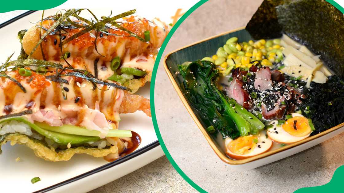 Nori Tacos (L). Cha Siu Ramen (R) Nori Tacos (L). Cha Siu Ramen (R)