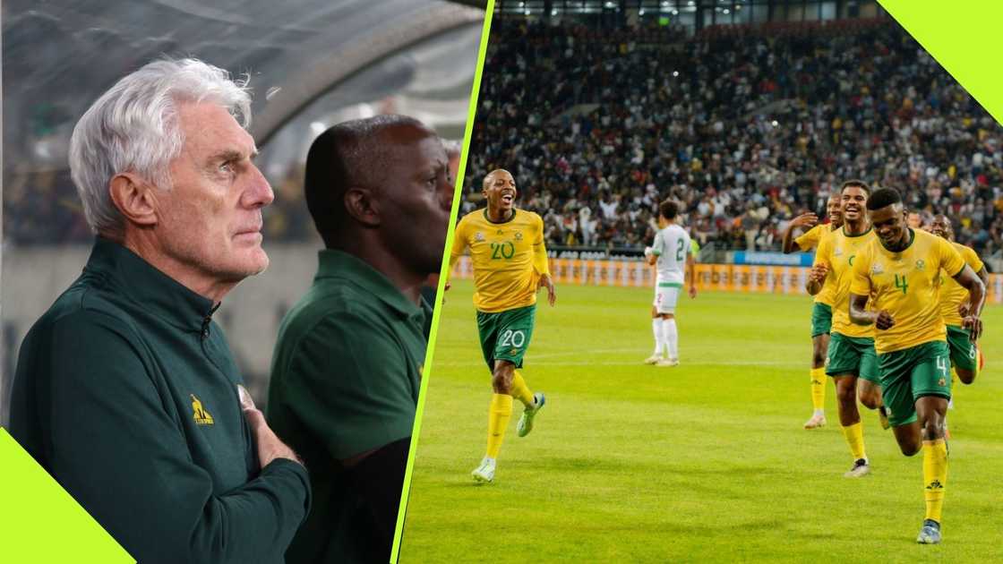 Hugo Broos seeks God's intervention concerning the situation of two Mamelodi Sundowns players ahead of Congo clash. Photo: @BafanaBafana. Hugo Broos seeks God's intervention concerning the situation of two Mamelodi Sundowns players ahead of Congo clash. Photo: @BafanaBafana.