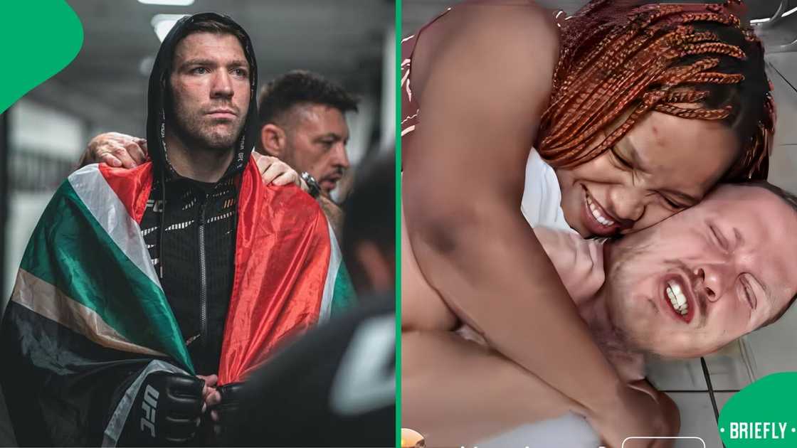 The two lovers wrestled while the woman kept kissing the man on his face
