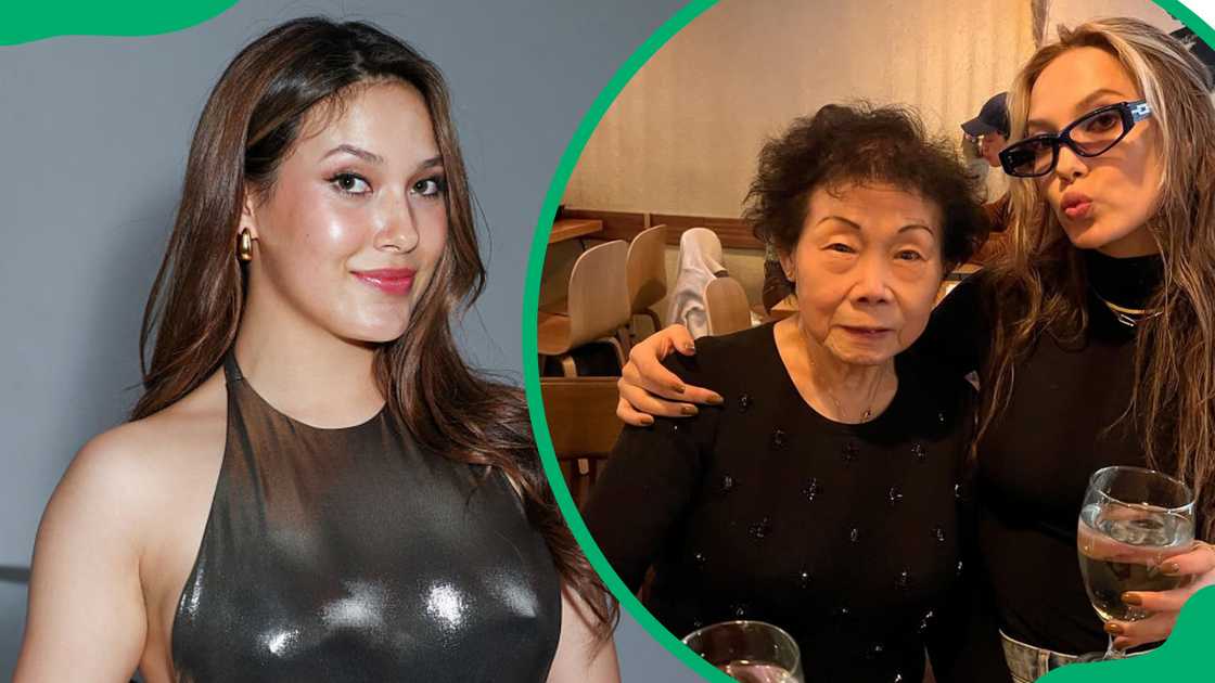 Skier Eileen at the Hammer Museum in 2025 (L). Gu with her grandmother, Feng (R)