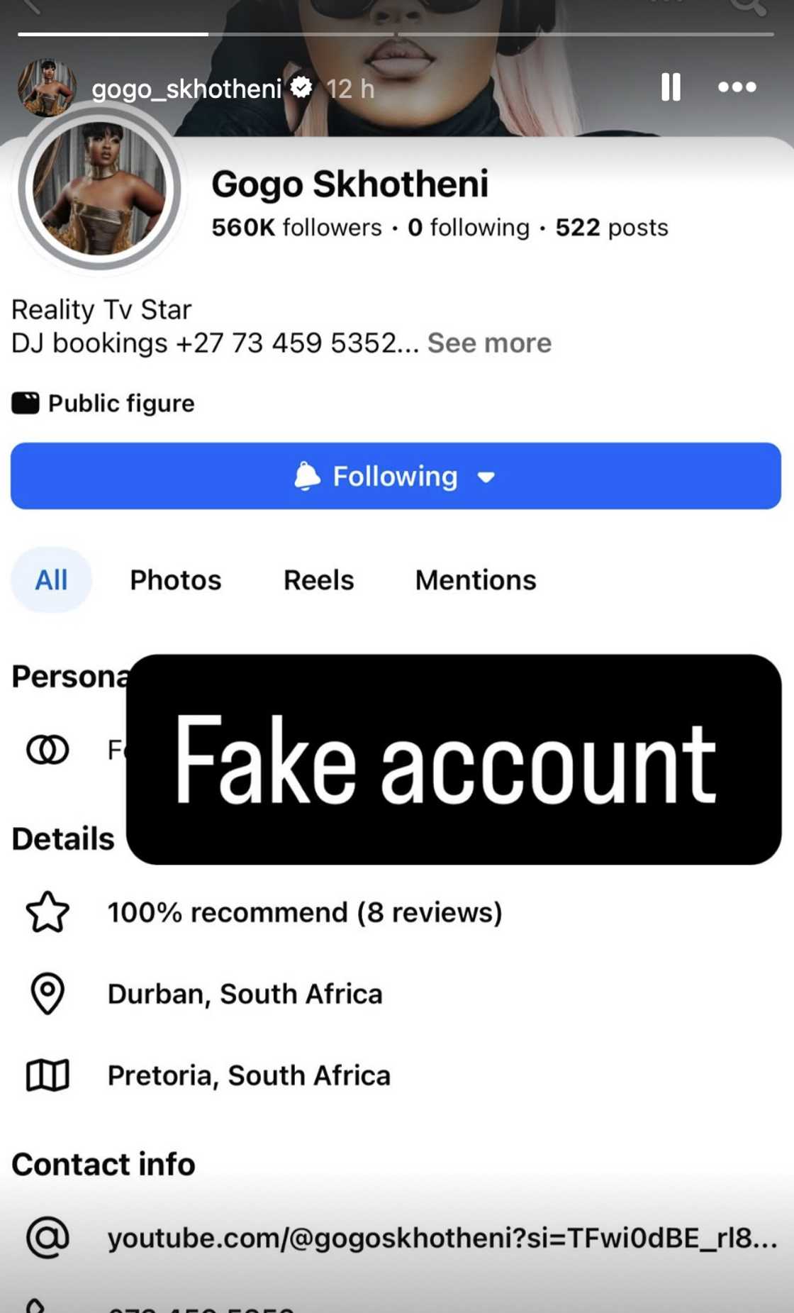 Gogo Skhotheni exposed a fake Facebook page