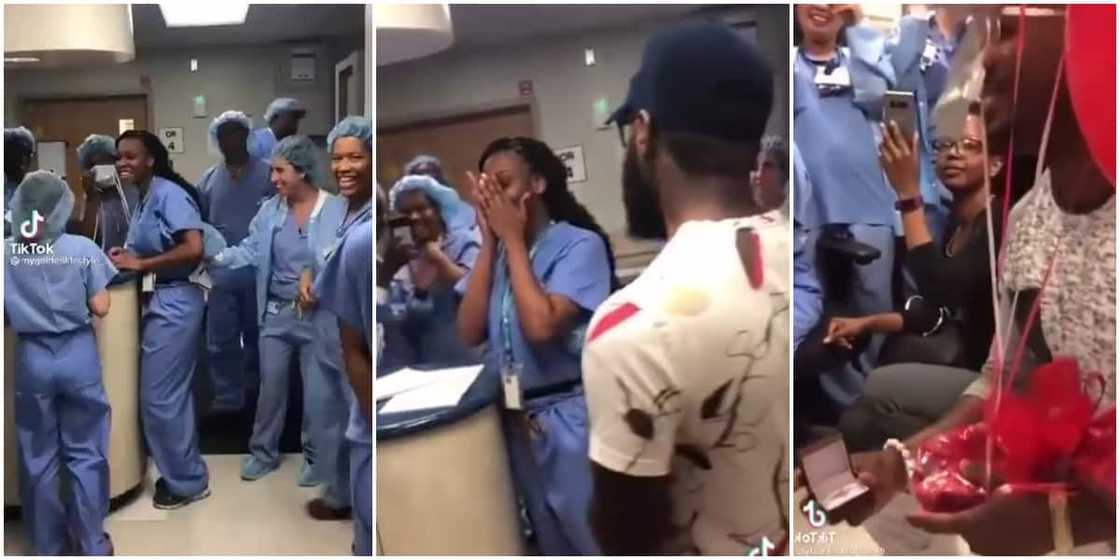 Man causes stir at hospital, embarrasses nurse before colleague as he seeks her hand in marriage, video stirs reactions Man causes stir at hospital, embarrasses nurse before colleague as he seeks her hand in marriage, video stirs reactions