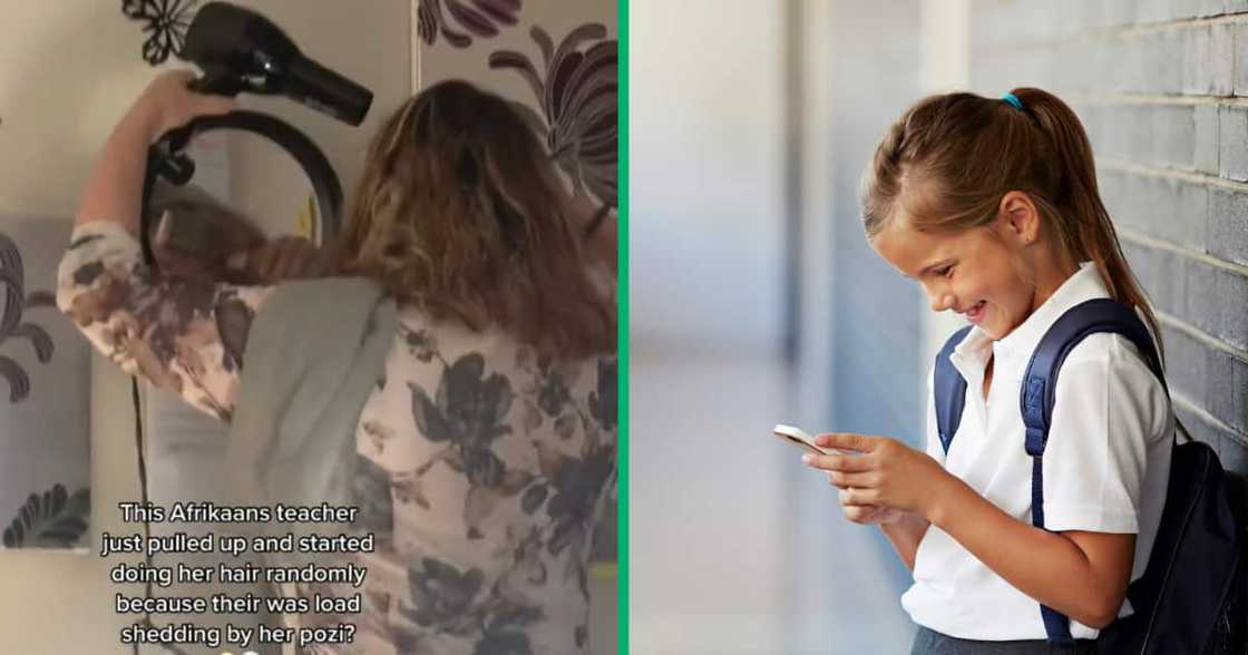 Afrikaans teacher styles hair in classom after loadshedding hit her home. Afrikaans teacher styles hair in classom after loadshedding hit her home.