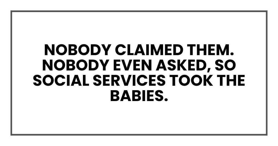 Nobody claimed them. Nobody even asked, so social services took the babies. Nobody claimed them. Nobody even asked, so social services took the babies.