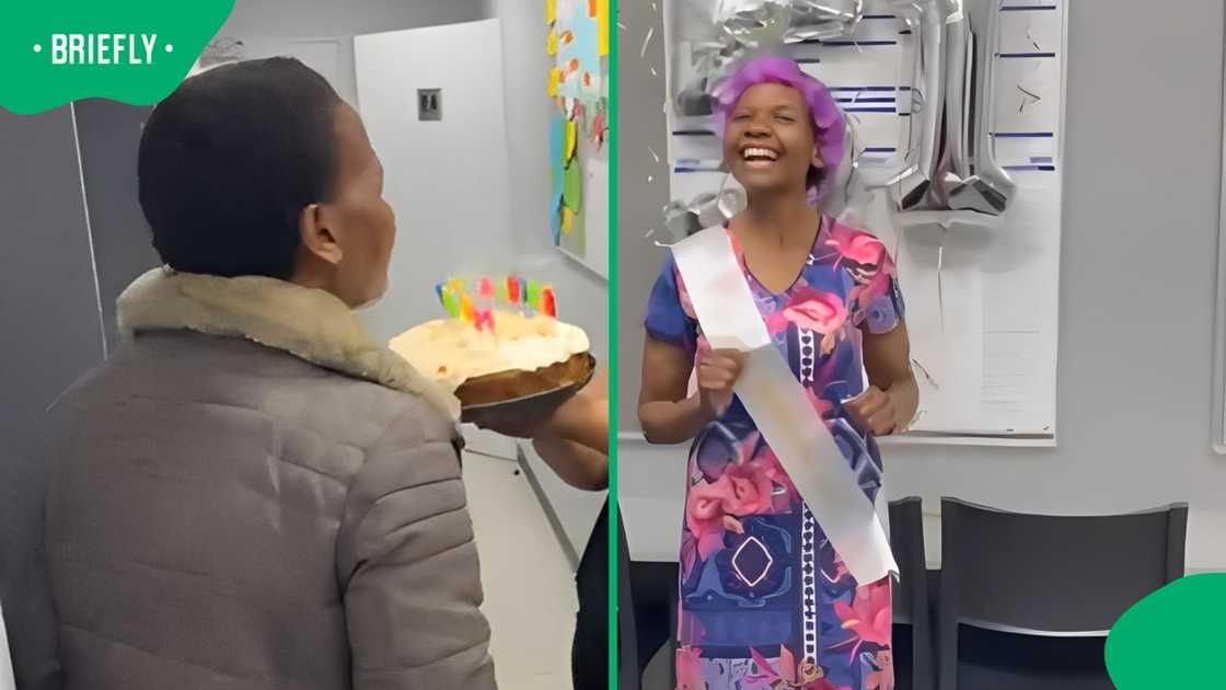 Office staff surprise cleaner for her birthday. Office staff surprise cleaner for her birthday.